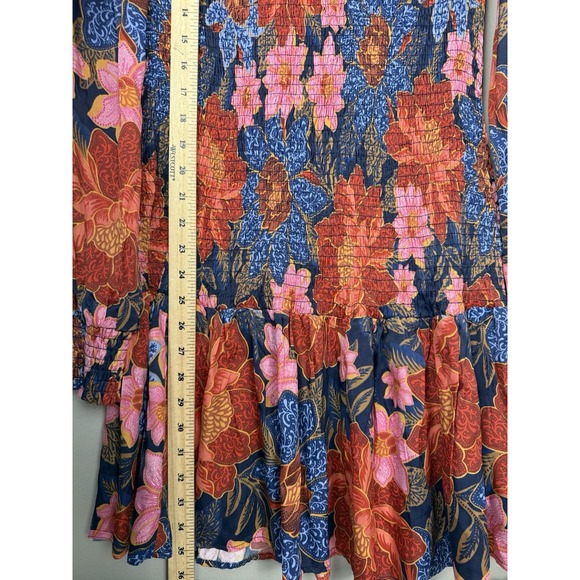 NWT Farm Rio Navy‎ Garden Smocked Mini Dress Size S Lenzing Ecovero Floral Boho - Picture 13 of 14